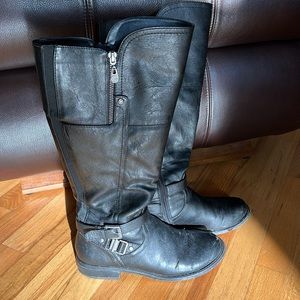 G by Guess black leather boots Sz 8.5 used worn Up to the knee height with heel